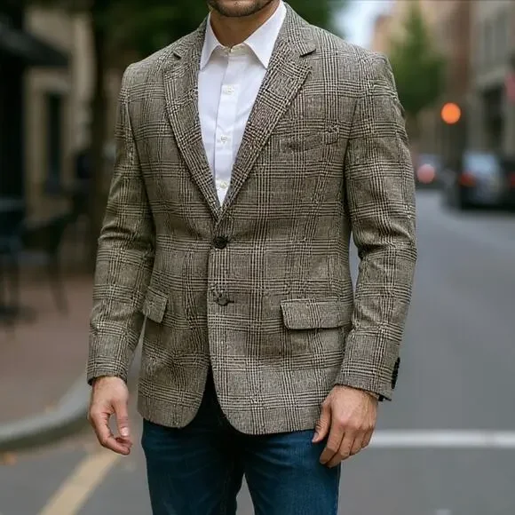 Irvine Park Glenn Plaid Men 44S Blazer Sport Coat Super Fine Lambswool Tan